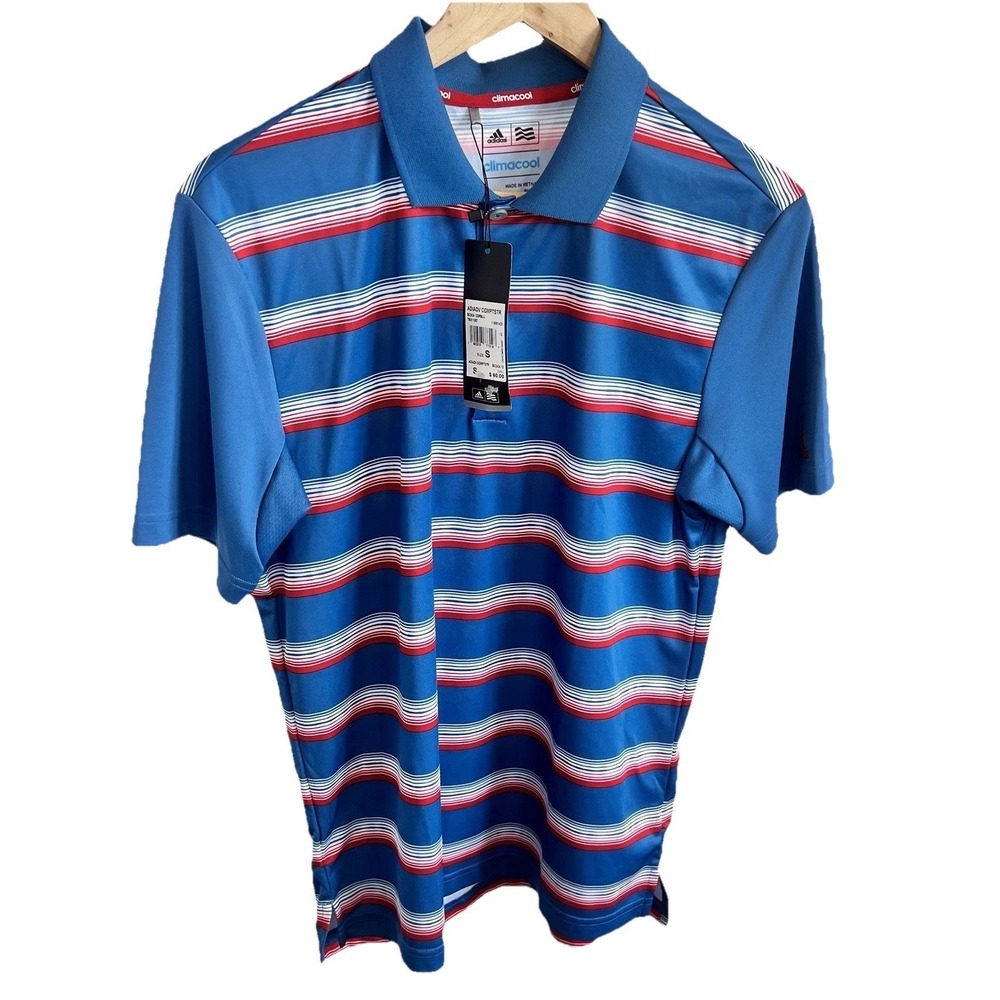 NWT Adidas Climacool Men's Small Golf Polo Striped Blue Short Sleeve‎ Shirt